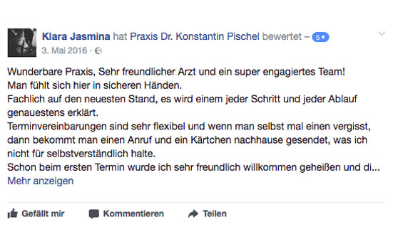 Kundenmeinung einer zufriedenen Patientin der Zahnarzt-Praxis Dr. Pischel Linz Wels